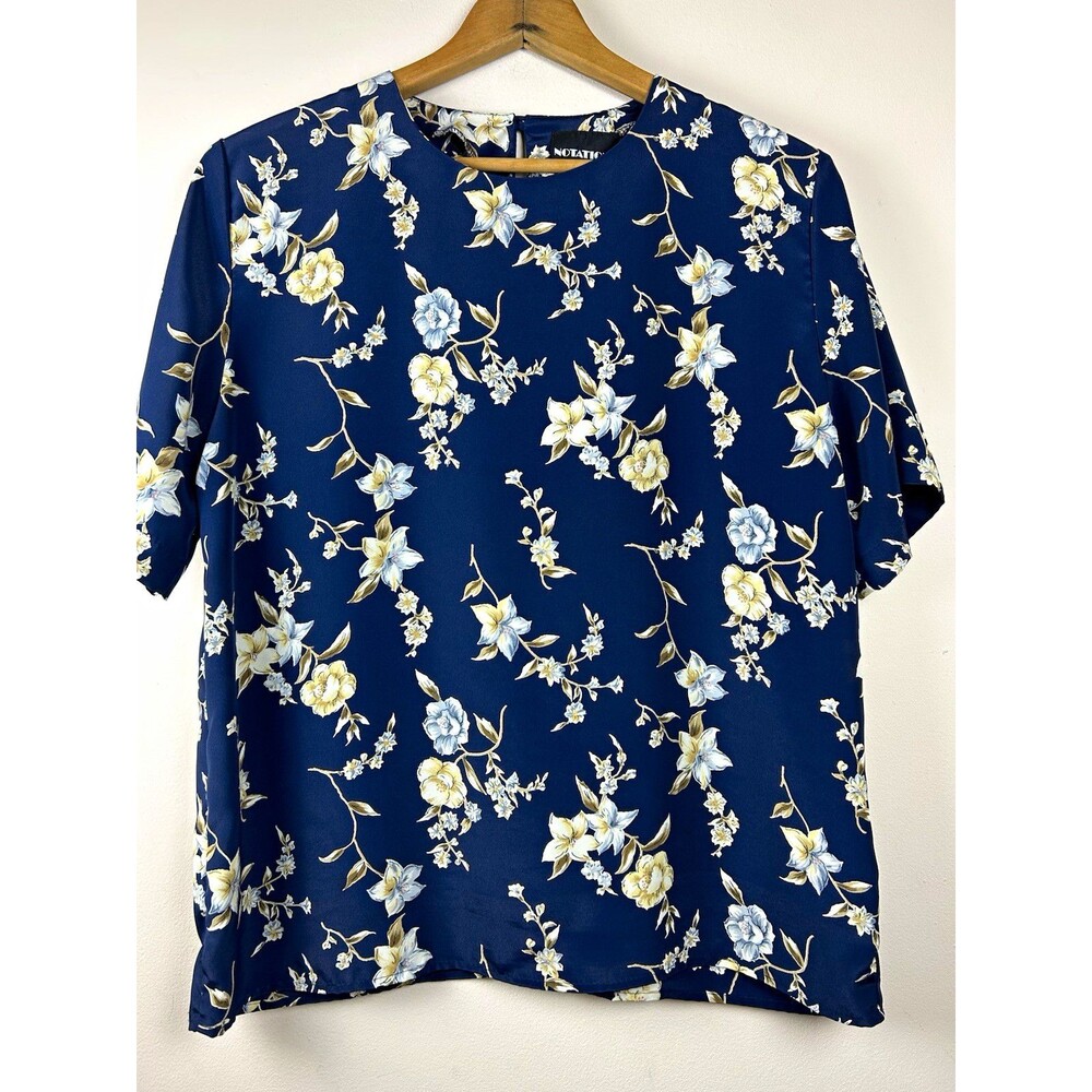 VTG Notations Navy Blue Floral Blouse L Short Sleeve Botanical Top Cottagecore